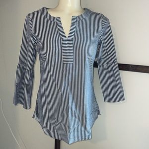 Blue and white pinstriped VNeck Tunic  with Flared Sleeves .